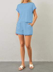 Conjuntos de salón de 2 piezas de verano para mujer, camisetas de manga corta a rayas, Mini Pantalones cortos, Conjunto de pijama acanalado - Product Image 3