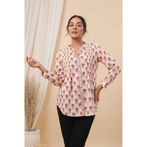 Blusa Larga con Estampado Floral Rosa Marfil para Mujer, Estilo Casual Vintage con Encaje y Cuello con Lazo - Product Image 1