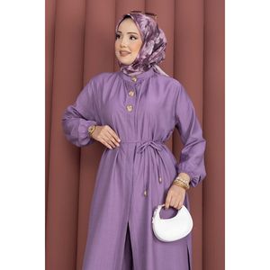 Ensemble 2 pièces élégant pour femme : Tunique longue à col mandarin en modal avec laçage et short en tweed coupe ample, couleur lilas, idéal pour le bureau - Product Image 2