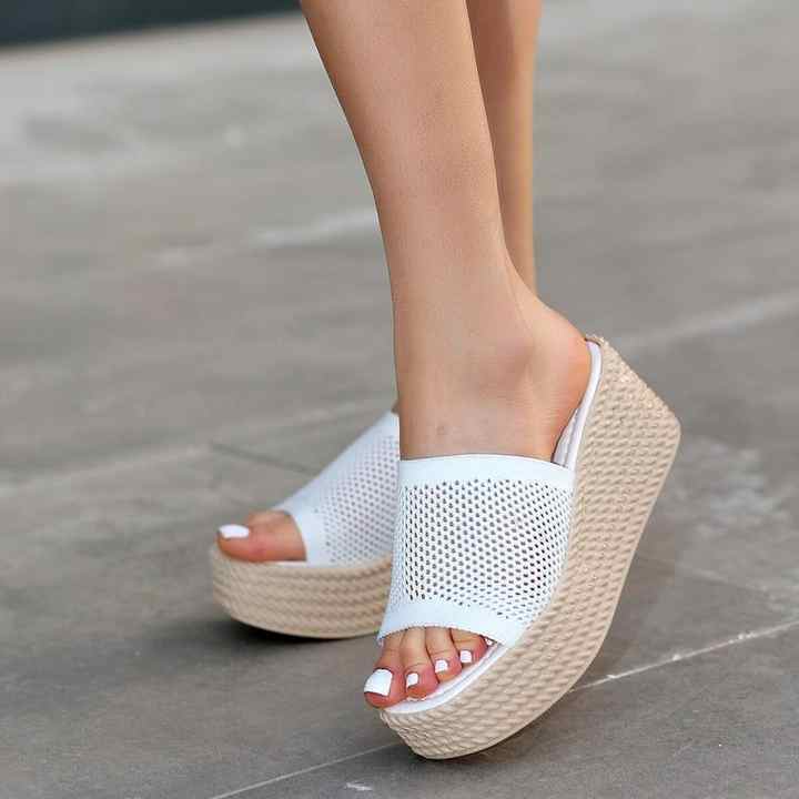 Tiona White Knitwear Wedge Heel Slippers