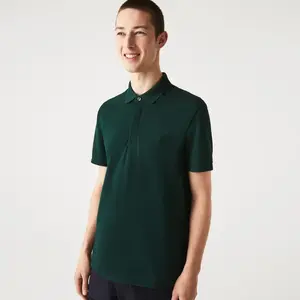 Polo en coton Stretch avec Logo brodé personnalisé, coupe régulière, vert foncé, 100%, avec patte de boutonnage cachée et côtelé