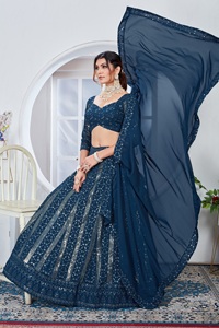 Lehenga choli rama ออกแบบเจ้าสาวด้วย georgette เย็นกับการเย็บปักถักร้อยลำดับการทำงานงานแต่งงาน lehenga choli - Product Image 4
