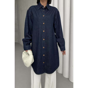 เสื้อเชิ้ตแขนบอลลูนติดกระดุม 6093 - สีกรมท่าแบบสล็อปสไตล์ - Product Image 4