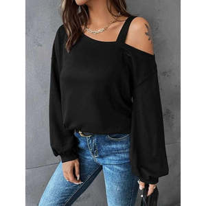 Blusa de viscosa de dos hilos con detalle de tirante en un solo hombro y manga larga para mujer, 30199 - Negro - Product Image 1