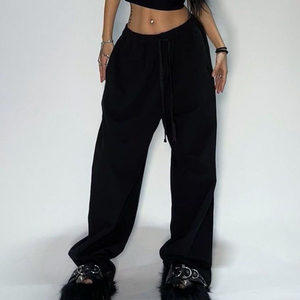 Pantalones de chándal de estilo callejero informales Vintage de Hip Hop, pantalones largos con cordón de pierna ancha holgados de algodón puro para mujer, ropa Premium - Product Image 3