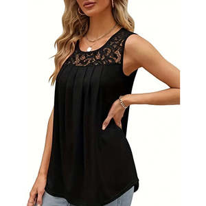 Blusa de Viscosa con Tirantes y Cuello Redondo para Mujer, con Detalle de Encaje, 36854 - Negro - Product Image 5