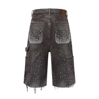 Pantalones cortos de mezclilla de punto para hombre, de cintura alta, casuales, desgastados, vintage, con diseño de diamante, corte recto, lavado claro, bajo sin rematar, de algodón ecológico