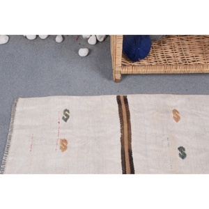 Alfombra Turca Vintage, Alfombra Kilim de 1.6x4 pies, Alfombra Pequeña a Rayas Beige - Product Image 4