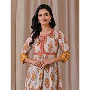 Vestido de Algodón Gris Amarillo con Cierre de Botones, Estampado Butta Block, Diseño Personalizado para Fiestas Casuales, Talla XS, Transpirable, Largo hasta el Suelo - Product Image 1