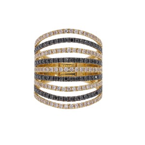 Exquisito Anillo Multibanda Chapado en Oro Amarillo de 14K con Rodio, Diamantes Blancos y Negros Naturales, Joyería Clásica y Elegante - Product Image 5