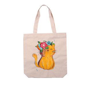 กระเป๋าผ้าแคนวาสสไตล์โบฮีเมียนพิมพ์ลายแมวลายดอกไม้ - Product Image 3