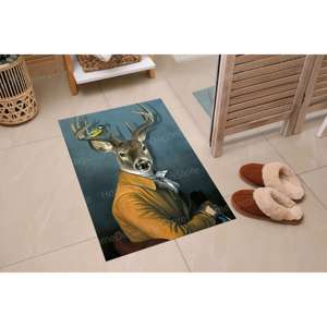 Alfombra Moderna de Lana Estampada con Diseño de Patchwork, Patrón Personalizado de Ciervo con Traje, Respaldo de Látex Antideslizante Ecológico, Alfombra Goblen - Product Image 1