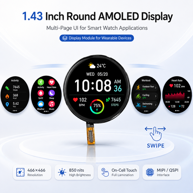 1.43 Round AMOLED Display 466x466 850 Nits 60,000:1 High Contrast On-Cell Touch MIPI QSPI OLED Screen for Smart Watch Wearable