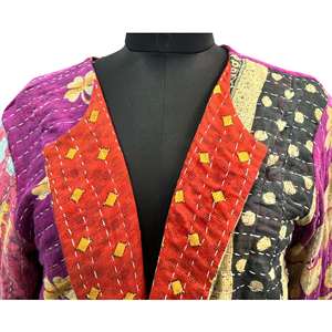 Chaqueta Kantha Bohemia Vintage, <span class=keywords><strong>Abrigo</strong></span> 100% Algodón, Acolchado Reversible, con Plumas y Cuero Personalizado, Talla XL, para Mujer - Product Image 1