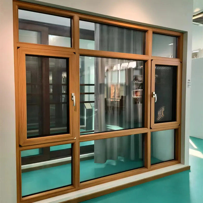 Isolamento térmico padrão australiano à prova de chuva e janela de batente em liga de alumínio com vidro duplo cor madeira