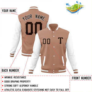 Chaqueta Universitaria Personalizada Color Marrón Bronceado y Blanco, Chaqueta Bomber con Letras Personalizadas, Uniforme Deportivo Universitario, Diseña el Tuyo Propio Bordado - Product Image 3