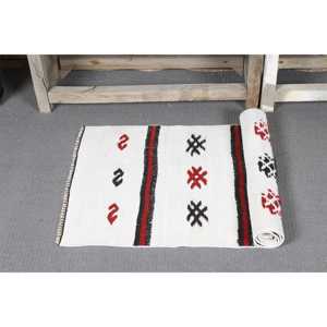 Tapis turc, petit tapis vintage 1,8x4,4 pieds, tapis en laine abstrait blanc et rouge - Product Image 5