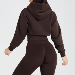 Wholesale Custom LOGO High Quality Women Blank Full Zip Up Drawstring Soft <b>Fleece</b> Oversized Lounge Cropped Zip Through <b>Hoodie</b> - Product Image 5
