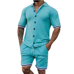 High Quality <b>Men's</b> Casual Button Shirts and Drawstring Waist <b>Shorts</b> Set 2-Piece Soft Polyester Blend Outerwear <b>for</b> Spring - Product Image 1