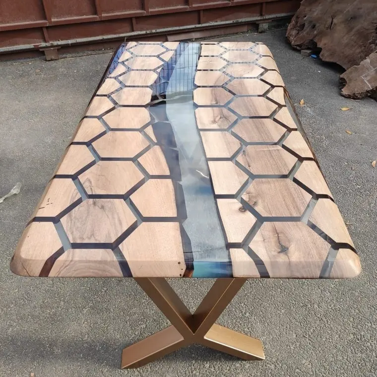 طاولة خشبية مصنوعة يدويًا فريدة من نوعها نمط سداسي الشكل أثاث ديكور منزلي عالي الجودة