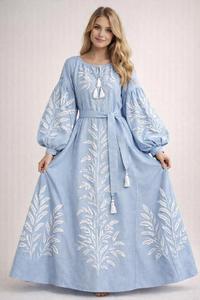 Vestido Maxi de Organza Bordado Azul Aqua para Mujer, Mangas Largas, Cuello con Lazo, Corte Holgado, Vestido Casual de Playa, Elegante Vestido de Fiesta con Borlas - Product Image 2