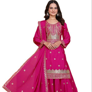 Ensemble Salwar Kameez Dupatta en Georgette de Soie Brodé Trois Pièces avec Magnifique Col Rani Coloré pour Mariage et Fêtes, pour Filles Adultes - Product Image 1