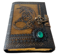 Journal en cuir véritable 100% avec motif de dragon en relief, fermoir en pierre verte, couverture rigide, pour écrire et dessiner, carnet de croquis