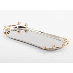 Bandeja de servicio ovalada Floral de hoja dorada elegante, Serverware de Metal decorativo moderno pulido, detalles de cuarzo rosa para Catering - Product Image 1