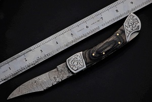 Custom Handmade Damascus Steel Pocket Knife With Pukka Wood Handle and Fine <b>Leather</b> Sheath Camping Knife Fishing Knife - Product Image 2