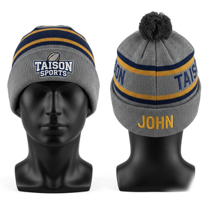 rugby beanie premium 340 gsm acrylic knit jacquard grey navy <b>yellow</b> striped pom embroidered patch custom name - Product Image 1