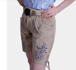 Short Lederhosen en cuir lisse fendu de vache véritable pour femme Poches avant Boutons brodés - Product Image 2
