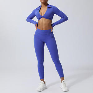 Conjunto Deportivo Ligero para Mujer, Top Corto con Cuello en V y Manga Larga con Leggings de Cintura Alta, Ropa Deportiva - Product Image 4