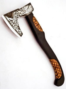 Hacha de fábrica de cubiertos OEM y ODM personalizada al por mayor, hacha de acero de Damasco hecha a mano, mango de madera con Funda de cuero para acampar al aire libre - Product Image 5