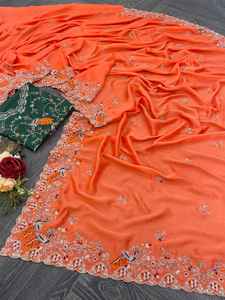 Nouveau concepteur de femmes imprimé fleuri Georgette Saree pour mariage vêtements ethniques décontracté tenue quotidienne pour l'exportation mondiale - Product Image 4