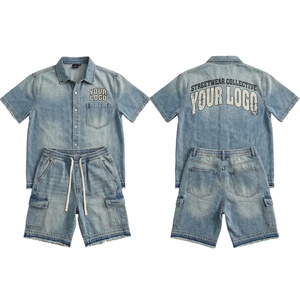 Conjunto de Dos Piezas para Hombre, Camisa y Pantalones Cortos de Mezclilla Lavada, Estilo Casual y Holgado, Venta al Por Mayor - Product Image 1