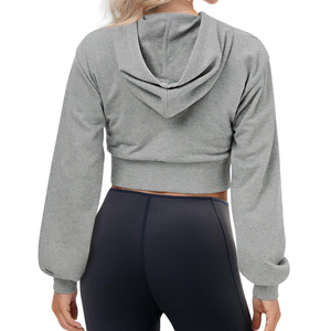 Women Gray Cropped Hoodie With Cutout Detail Long Sleeve <b>Drop</b> Shoulder Sweatshirt Solid Color Knitted Breathable Autumn Wear - Product Image 4