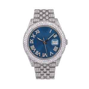 Reloj de Lujo Estilo Hip Hop de Acero Inoxidable con Esfera de Diamantes Moissanite Azul Real VVS de 42 mm de Diámetro, Totalmente Resistente al Agua, con Correa de Cuero - Product Image 2