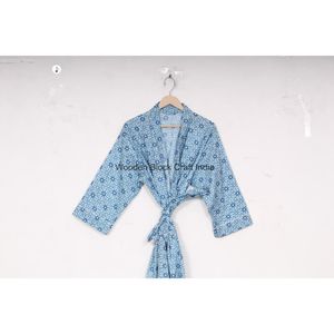 Kimono en coton imprimé bloc à la main avec motifs floraux décolleté en V design simple et impression avec des techniques traditionnelles pour les vêtements de nuit - Product Image 6