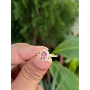 Bague en or 14 carats avec tourmaline rose et diamants, pierres précieuses naturelles, bijoux fins, bague de luxe faite à la main, fournisseur en gros - Product Image 2
