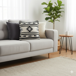 Cotton Handloom Modern Square Floral Pattern Zipper Closure Washable Black & White <b>Cushion</b> Cover <b>Stitching</b> for Hotel Home Use - Product Image 4