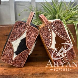 Handmade Cowhide & Tooled Toiletry <b>Travel</b> <b>Bag</b> for Women's Floral Genuine Leather Cosmetic Pouch Western Style <b>Makeup</b> Organizer - Product Image 1