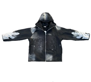 Custom Logo Streetwear Oversized 500gsm Acid Washed Zip up Hoodie Distressed Letter <b>Patch</b> Work Chenille Embroidery Hoodies - Product Image 1