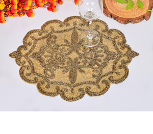 Handmade Glass <b>Placemat</b> Beaded Round Design with Silver Gold <b>White</b> Beads 14 Inch Eco-Friendly - Product Image 3