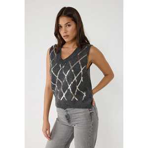 Pull en tricot décontracté à col en V sans manches en acrylique 100% à carreaux - Product Image 1