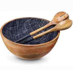 Ensemble de bols en bois faits à la main écologiques avec des serveurs assortis imprimés à l'émail artistique pour les salades de fête, les fruits, la présentation de table - Product Image 4