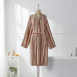 Peignoir en coton tissé 100 % pour femmes et hommes, été/printemps, respirant, séchage rapide, col en V, cordon de serrage, longueur intégrale, fabriqué en Turquie - Product Image 5