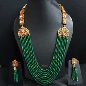 Collar de cuentas verdes Meenakari & Kundan con pendientes, juego de joyería fina chapada en oro para regalo con piedra de diamante de perla de cobre - Product Image 5