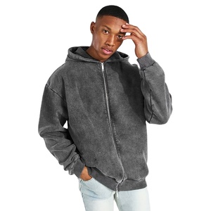 Sweat à capuche lourd de haute qualité zippé 100% coton Vintage noir sweat à capuche zippé goutte épaule sweat à capuche lavé fermeture éclair 2025 - Product Image 1