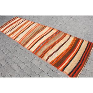 Alfombra Turca Kilim de 2.9x9.4 pies (88x287 cm), Alfombra Vintage con Diseño de Cuadros Naranja - Product Image 2
