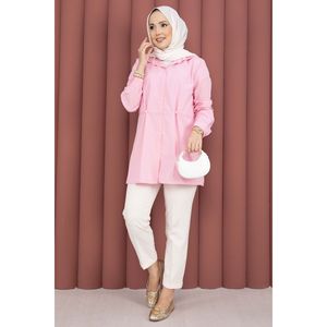 Chemise décontractée en popeline tricotée pour femme Alin, taille XL, boutonnée, imprimé simple et tendance, plissée, tissée, longue, vêtement d'été rose - Product Image 3